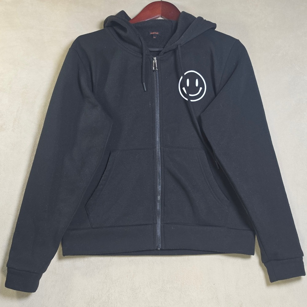 Angel Cult Black Have A Good Day Smiley Face Zip Up Hoodie Sweatshirt XS